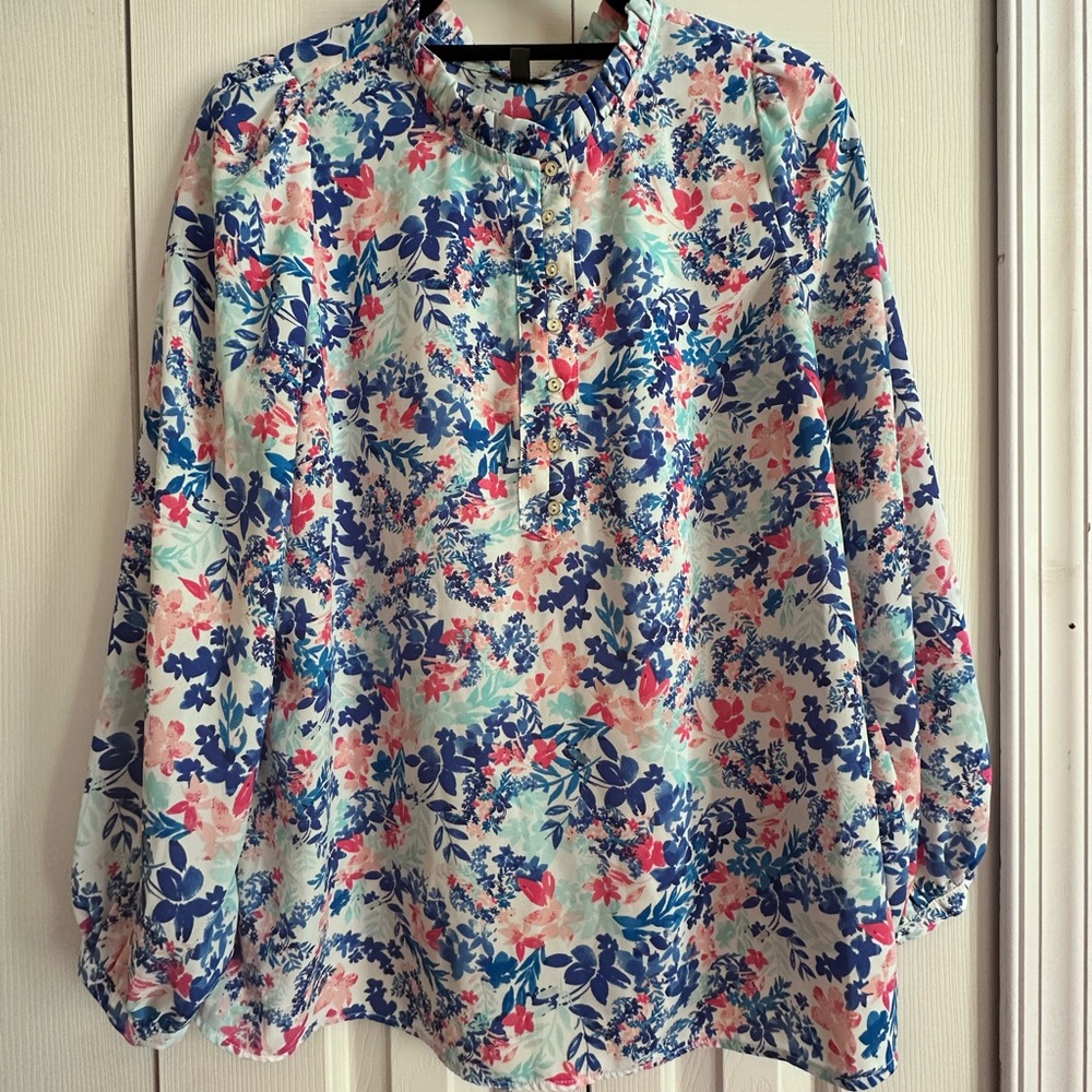 Talbots Floral Blouse - Blue and Pink